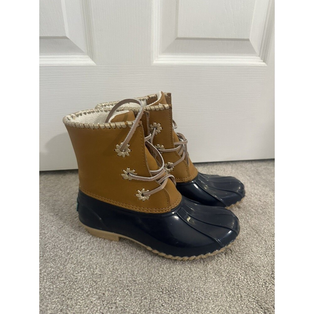 Jack Rogers Chloe Rubber Duck Boots Womens 5 Shearling Lined Tan navy Cream